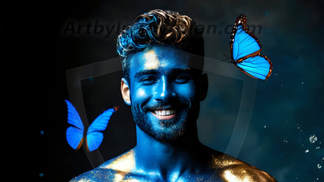 Abstract Male Art Ai Photos of Beautiful Men Enveloped by Colors. AI-generated abstract art featuring beautiful, handsome, sexy, shirtless, men, boys, lads, full of excitement joy and fun, covered in colors, dynamic, interactive, Combining elements of realism with surreal abstract qualities, showcasing the potential of AI in artistic expression.