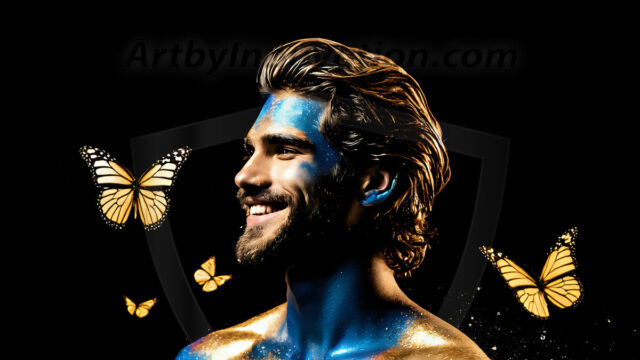 Abstract Male Art Ai Photos of Beautiful Men Enveloped by Colors. AI-generated abstract art featuring beautiful, handsome, sexy, shirtless, men, boys, lads, full of excitement joy and fun, covered in colors, dynamic, interactive, Combining elements of realism with surreal abstract qualities, showcasing the potential of AI in artistic expression.