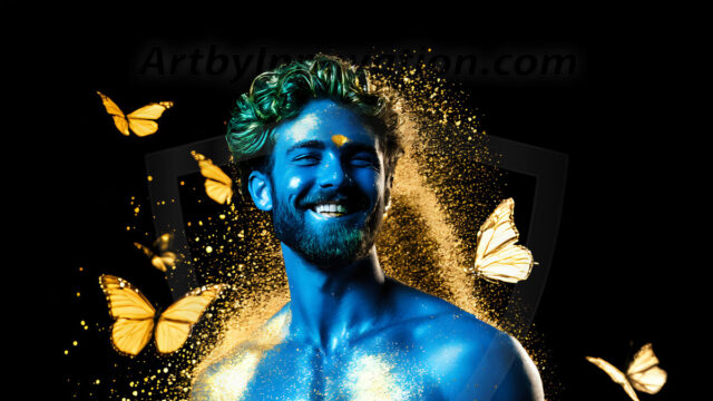 Abstract Male Art Ai Photos of Beautiful Men Enveloped by Colors. AI-generated abstract art featuring beautiful, handsome, sexy, shirtless, men, boys, lads, full of excitement joy and fun, covered in colors, dynamic, interactive, Combining elements of realism with surreal abstract qualities, showcasing the potential of AI in artistic expression.