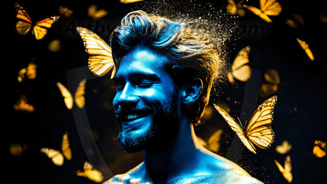 Abstract Male Art Ai Photos of Beautiful Men Enveloped by Colors. AI-generated abstract art featuring beautiful, handsome, sexy, shirtless, men, boys, lads, full of excitement joy and fun, covered in colors, dynamic, interactive, Combining elements of realism with surreal abstract qualities, showcasing the potential of AI in artistic expression.