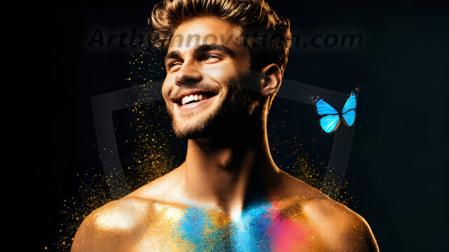 Abstract Male Art Ai Photos of Beautiful Men Enveloped by Colors. AI-generated abstract art featuring beautiful, handsome, sexy, shirtless, men, boys, lads, full of excitement joy and fun, covered in colors, dynamic, interactive, Combining elements of realism with surreal abstract qualities, showcasing the potential of AI in artistic expression.