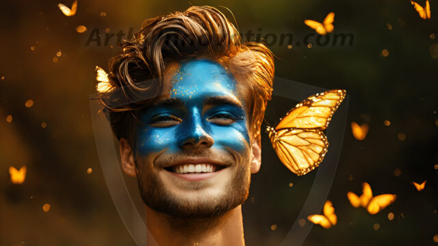 Abstract Male Art Ai Photos of Beautiful Men Enveloped by Colors. AI-generated abstract art featuring beautiful, handsome, sexy, shirtless, men, boys, lads, full of excitement joy and fun, covered in colors, dynamic, interactive, Combining elements of realism with surreal abstract qualities, showcasing the potential of AI in artistic expression.