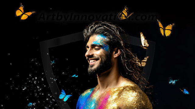 Abstract Male Art Ai Photos of Beautiful Men Enveloped by Colors. AI-generated abstract art featuring beautiful, handsome, sexy, shirtless, men, boys, lads, full of excitement joy and fun, covered in colors, dynamic, interactive, Combining elements of realism with surreal abstract qualities, showcasing the potential of AI in artistic expression.