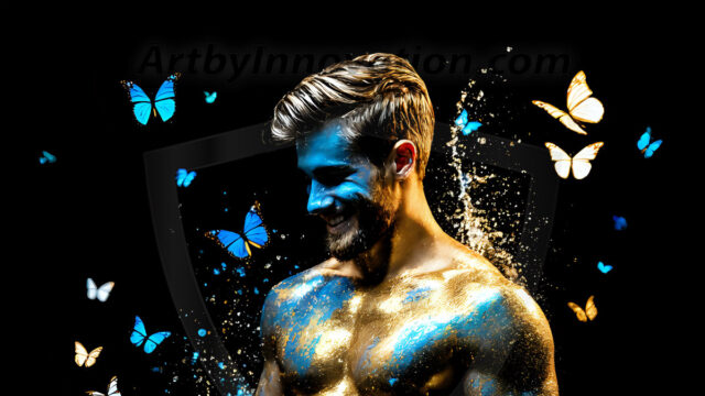 Abstract Male Art Ai Photos of Beautiful Men Enveloped by Colors. AI-generated abstract art featuring beautiful, handsome, sexy, shirtless, men, boys, lads, full of excitement joy and fun, covered in colors, dynamic, interactive, Combining elements of realism with surreal abstract qualities, showcasing the potential of AI in artistic expression.