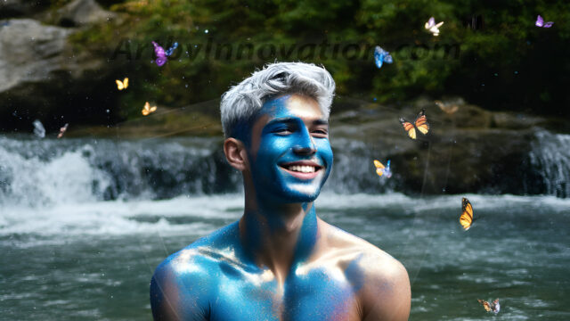 Abstract Male Art Ai Photos of Beautiful Men Enveloped by Colors. AI-generated abstract art featuring beautiful, handsome, sexy, shirtless, men, boys, lads, full of excitement joy and fun, covered in colors, dynamic, interactive, Combining elements of realism with surreal abstract qualities, showcasing the potential of AI in artistic expression.