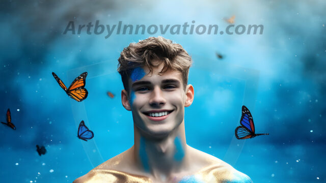 Abstract Male Art Ai Photos of Beautiful Men Enveloped by Colors. AI-generated abstract art featuring beautiful, handsome, sexy, shirtless, men, boys, lads, full of excitement joy and fun, covered in colors, dynamic, interactive, Combining elements of realism with surreal abstract qualities, showcasing the potential of AI in artistic expression.