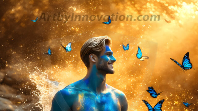 Abstract Male Art Ai Photos of Beautiful Men Enveloped by Colors. AI-generated abstract art featuring beautiful, handsome, sexy, shirtless, men, boys, lads, full of excitement joy and fun, covered in colors, dynamic, interactive, Combining elements of realism with surreal abstract qualities, showcasing the potential of AI in artistic expression.