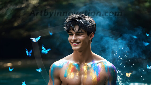 Abstract Male Art Ai Photos of Beautiful Men Enveloped by Colors. AI-generated abstract art featuring beautiful, handsome, sexy, shirtless, men, boys, lads, full of excitement joy and fun, covered in colors, dynamic, interactive, Combining elements of realism with surreal abstract qualities, showcasing the potential of AI in artistic expression.