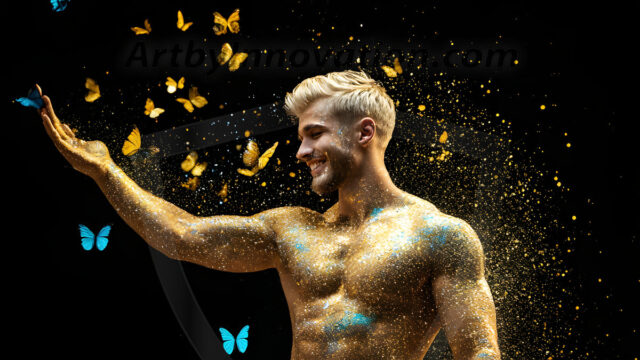 Abstract Male Art Ai Photos of Beautiful Men Enveloped by Colors. AI-generated abstract art featuring beautiful, handsome, sexy, shirtless, men, boys, lads, full of excitement joy and fun, covered in colors, dynamic, interactive, Combining elements of realism with surreal abstract qualities, showcasing the potential of AI in artistic expression.