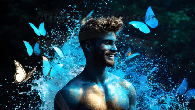 Abstract Male Art Ai Photos of Beautiful Men Enveloped by Colors. AI-generated abstract art featuring beautiful, handsome, sexy, shirtless, men, boys, lads, full of excitement joy and fun, covered in colors, dynamic, interactive, Combining elements of realism with surreal abstract qualities, showcasing the potential of AI in artistic expression.