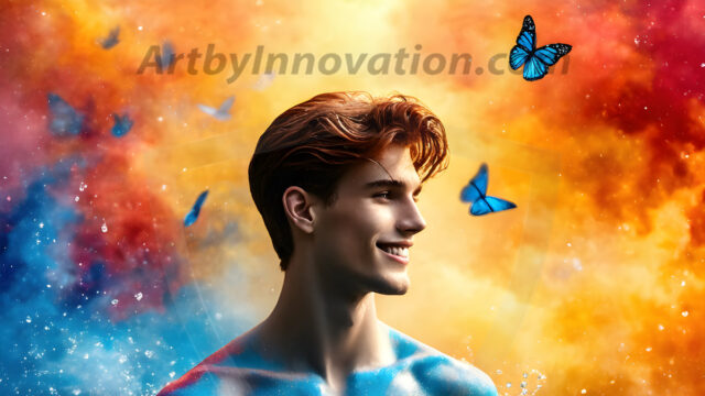 Abstract Male Art Ai Photos of Beautiful Men Enveloped by Colors. AI-generated abstract art featuring beautiful, handsome, sexy, shirtless, men, boys, lads, full of excitement joy and fun, covered in colors, dynamic, interactive, Combining elements of realism with surreal abstract qualities, showcasing the potential of AI in artistic expression.