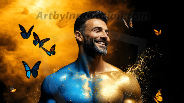 Abstract Male Art Ai Photos of Beautiful Men Enveloped by Colors. AI-generated abstract art featuring beautiful, handsome, sexy, shirtless, men, boys, lads, full of excitement joy and fun, covered in colors, dynamic, interactive, Combining elements of realism with surreal abstract qualities, showcasing the potential of AI in artistic expression.