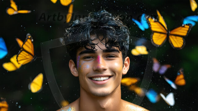 Abstract Male Art Ai Photos of Beautiful Men Enveloped by Colors. AI-generated abstract art featuring beautiful, handsome, sexy, shirtless, men, boys, lads, full of excitement joy and fun, covered in colors, dynamic, interactive, Combining elements of realism with surreal abstract qualities, showcasing the potential of AI in artistic expression.