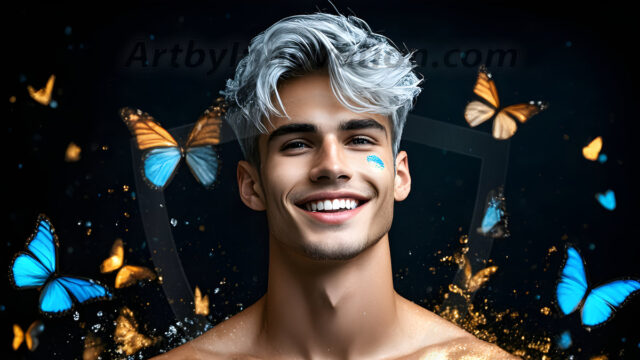 Abstract Male Art Ai Photos of Beautiful Men Enveloped by Colors. AI-generated abstract art featuring beautiful, handsome, sexy, shirtless, men, boys, lads, full of excitement joy and fun, covered in colors, dynamic, interactive, Combining elements of realism with surreal abstract qualities, showcasing the potential of AI in artistic expression.