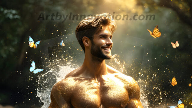 Abstract Male Art Ai Photos of Beautiful Men Enveloped by Colors. AI-generated abstract art featuring beautiful, handsome, sexy, shirtless, men, boys, lads, full of excitement joy and fun, covered in colors, dynamic, interactive, Combining elements of realism with surreal abstract qualities, showcasing the potential of AI in artistic expression.