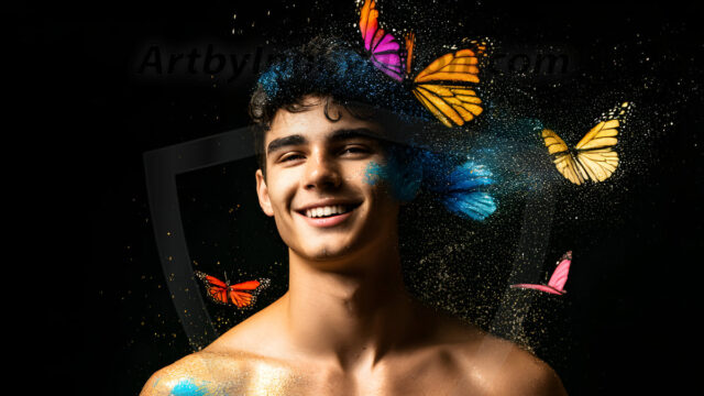 Abstract Male Art Ai Photos of Beautiful Men Enveloped by Colors. AI-generated abstract art featuring beautiful, handsome, sexy, shirtless, men, boys, lads, full of excitement joy and fun, covered in colors, dynamic, interactive, Combining elements of realism with surreal abstract qualities, showcasing the potential of AI in artistic expression.
