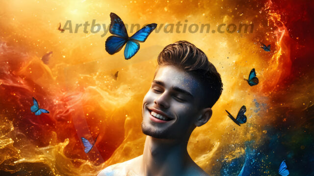 Abstract Male Art Ai Photos of Beautiful Men Enveloped by Colors. AI-generated abstract art featuring beautiful, handsome, sexy, shirtless, men, boys, lads, full of excitement joy and fun, covered in colors, dynamic, interactive, Combining elements of realism with surreal abstract qualities, showcasing the potential of AI in artistic expression.