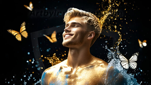 Abstract Male Art Ai Photos of Beautiful Men Enveloped by Colors. AI-generated abstract art featuring beautiful, handsome, sexy, shirtless, men, boys, lads, full of excitement joy and fun, covered in colors, dynamic, interactive, Combining elements of realism with surreal abstract qualities, showcasing the potential of AI in artistic expression.