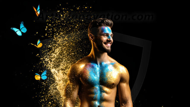 Abstract Male Art Ai Photos of Beautiful Men Enveloped by Colors. AI-generated abstract art featuring beautiful, handsome, sexy, shirtless, men, boys, lads, full of excitement joy and fun, covered in colors, dynamic, interactive, Combining elements of realism with surreal abstract qualities, showcasing the potential of AI in artistic expression.