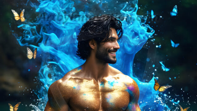 Abstract Male Art Ai Photos of Beautiful Men Enveloped by Colors. AI-generated abstract art featuring beautiful, handsome, sexy, shirtless, men, boys, lads, full of excitement joy and fun, covered in colors, dynamic, interactive, Combining elements of realism with surreal abstract qualities, showcasing the potential of AI in artistic expression.