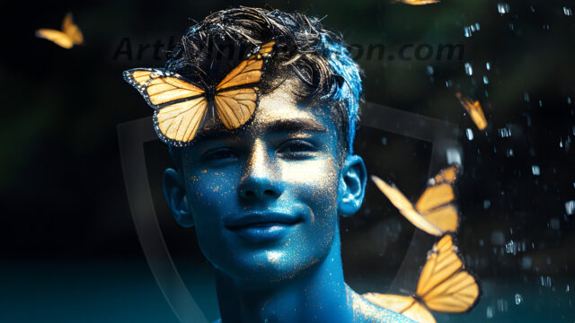 Abstract Male Art Ai Photos of Beautiful Men Enveloped by Colors. AI-generated abstract art featuring beautiful, handsome, sexy, shirtless, men, boys, lads, full of excitement joy and fun, covered in colors, dynamic, interactive, Combining elements of realism with surreal abstract qualities, showcasing the potential of AI in artistic expression.