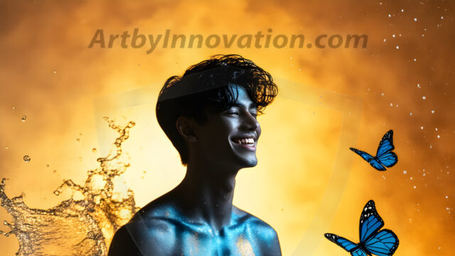 Abstract Male Art Ai Photos of Beautiful Men Enveloped by Colors. AI-generated abstract art featuring beautiful, handsome, sexy, shirtless, men, boys, lads, full of excitement joy and fun, covered in colors, dynamic, interactive, Combining elements of realism with surreal abstract qualities, showcasing the potential of AI in artistic expression.