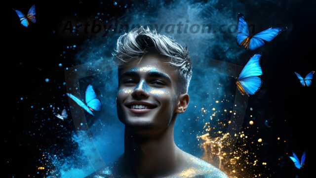 Abstract Male Art Ai Photos of Beautiful Men Enveloped by Colors. AI-generated abstract art featuring beautiful, handsome, sexy, shirtless, men, boys, lads, full of excitement joy and fun, covered in colors, dynamic, interactive, Combining elements of realism with surreal abstract qualities, showcasing the potential of AI in artistic expression.