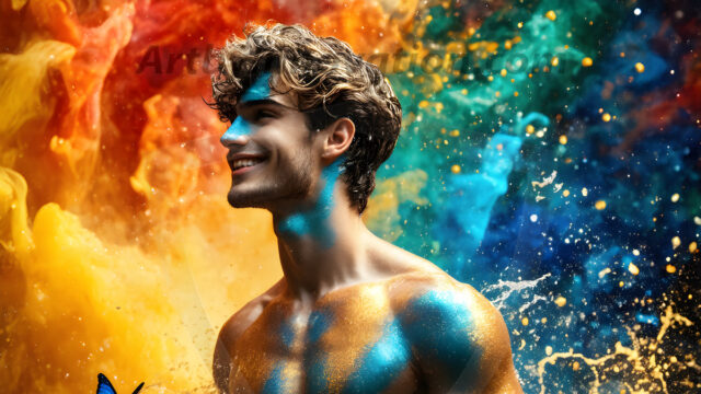 Abstract Male Art Ai Photos of Beautiful Men Enveloped by Colors. AI-generated abstract art featuring beautiful, handsome, sexy, shirtless, men, boys, lads, full of excitement joy and fun, covered in colors, dynamic, interactive, Combining elements of realism with surreal abstract qualities, showcasing the potential of AI in artistic expression.