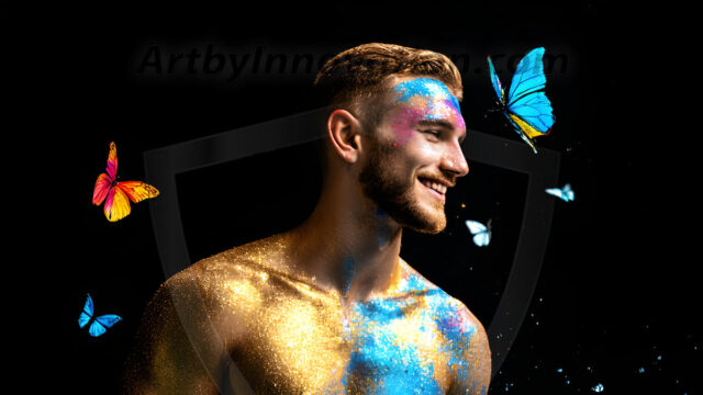 Abstract Male Art Ai Photos of Beautiful Men Enveloped by Colors. AI-generated abstract art featuring beautiful, handsome, sexy, shirtless, men, boys, lads, full of excitement joy and fun, covered in colors, dynamic, interactive, Combining elements of realism with surreal abstract qualities, showcasing the potential of AI in artistic expression.
