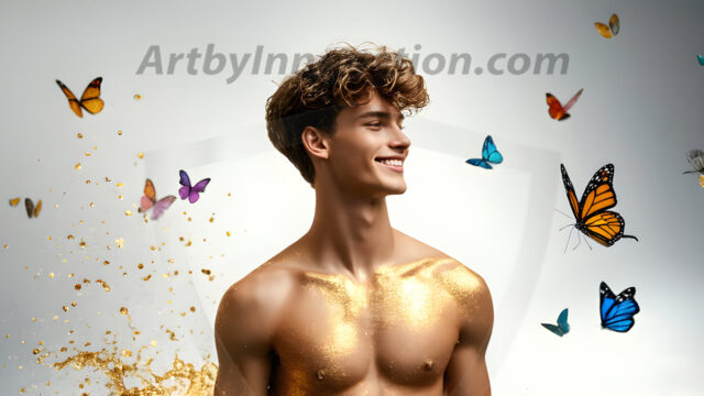 Abstract Male Art Ai Photos of Beautiful Men Enveloped by Colors. AI-generated abstract art featuring beautiful, handsome, sexy, shirtless, men, boys, lads, full of excitement joy and fun, covered in colors, dynamic, interactive, Combining elements of realism with surreal abstract qualities, showcasing the potential of AI in artistic expression.