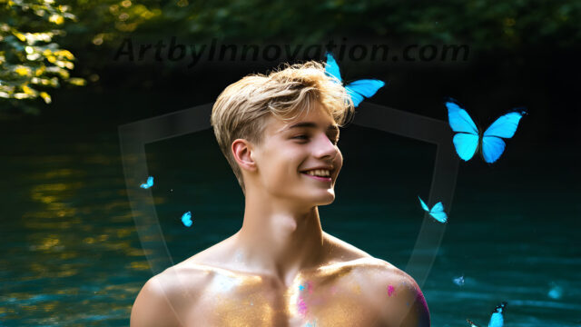 Abstract Male Art Ai Photos of Beautiful Men Enveloped by Colors. AI-generated abstract art featuring beautiful, handsome, sexy, shirtless, men, boys, lads, full of excitement joy and fun, covered in colors, dynamic, interactive, Combining elements of realism with surreal abstract qualities, showcasing the potential of AI in artistic expression.