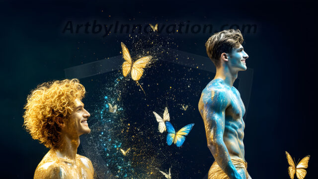Abstract Male Art Ai Photos of Beautiful Men Enveloped by Colors. AI-generated abstract art featuring beautiful, handsome, sexy, shirtless, men, boys, lads, full of excitement joy and fun, covered in colors, dynamic, interactive, Combining elements of realism with surreal abstract qualities, showcasing the potential of AI in artistic expression.