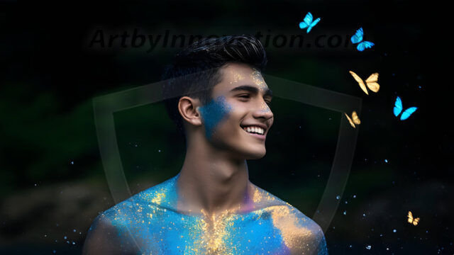 Abstract Male Art Ai Photos of Beautiful Men Enveloped by Colors. AI-generated abstract art featuring beautiful, handsome, sexy, shirtless, men, boys, lads, full of excitement joy and fun, covered in colors, dynamic, interactive, Combining elements of realism with surreal abstract qualities, showcasing the potential of AI in artistic expression.