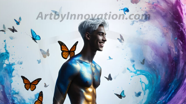 Abstract Male Art Ai Photos of Beautiful Men Enveloped by Colors. AI-generated abstract art featuring beautiful, handsome, sexy, shirtless, men, boys, lads, full of excitement joy and fun, covered in colors, dynamic, interactive, Combining elements of realism with surreal abstract qualities, showcasing the potential of AI in artistic expression.