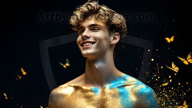 Abstract Male Art Ai Photos of Beautiful Men Enveloped by Colors. AI-generated abstract art featuring beautiful, handsome, sexy, shirtless, men, boys, lads, full of excitement joy and fun, covered in colors, dynamic, interactive, Combining elements of realism with surreal abstract qualities, showcasing the potential of AI in artistic expression.