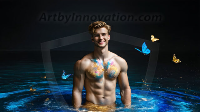Abstract Male Art Ai Photos of Beautiful Men Enveloped by Colors. AI-generated abstract art featuring beautiful, handsome, sexy, shirtless, men, boys, lads, full of excitement joy and fun, covered in colors, dynamic, interactive, Combining elements of realism with surreal abstract qualities, showcasing the potential of AI in artistic expression.
