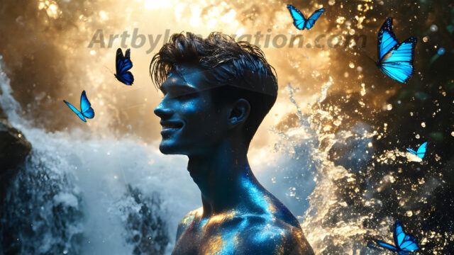 Abstract Male Art Ai Photos of Beautiful Men Enveloped by Colors. AI-generated abstract art featuring beautiful, handsome, sexy, shirtless, men, boys, lads, full of excitement joy and fun, covered in colors, dynamic, interactive, Combining elements of realism with surreal abstract qualities, showcasing the potential of AI in artistic expression.