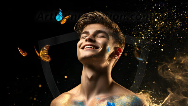 Abstract Male Art Ai Photos of Beautiful Men Enveloped by Colors. AI-generated abstract art featuring beautiful, handsome, sexy, shirtless, men, boys, lads, full of excitement joy and fun, covered in colors, dynamic, interactive, Combining elements of realism with surreal abstract qualities, showcasing the potential of AI in artistic expression.