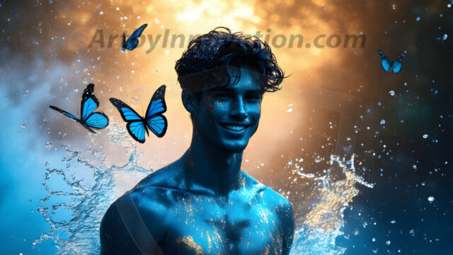 Abstract Male Art Ai Photos of Beautiful Men Enveloped by Colors. AI-generated abstract art featuring beautiful, handsome, sexy, shirtless, men, boys, lads, full of excitement joy and fun, covered in colors, dynamic, interactive, Combining elements of realism with surreal abstract qualities, showcasing the potential of AI in artistic expression.