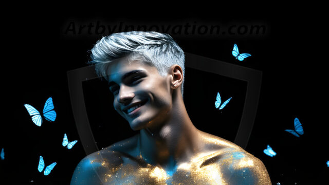 Abstract Male Art Ai Photos of Beautiful Men Enveloped by Colors. AI-generated abstract art featuring beautiful, handsome, sexy, shirtless, men, boys, lads, full of excitement joy and fun, covered in colors, dynamic, interactive, Combining elements of realism with surreal abstract qualities, showcasing the potential of AI in artistic expression.