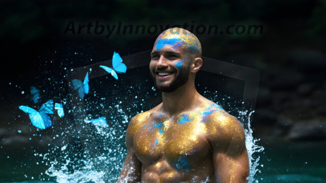 Abstract Male Art Ai Photos of Beautiful Men Enveloped by Colors. AI-generated abstract art featuring beautiful, handsome, sexy, shirtless, men, boys, lads, full of excitement joy and fun, covered in colors, dynamic, interactive, Combining elements of realism with surreal abstract qualities, showcasing the potential of AI in artistic expression.