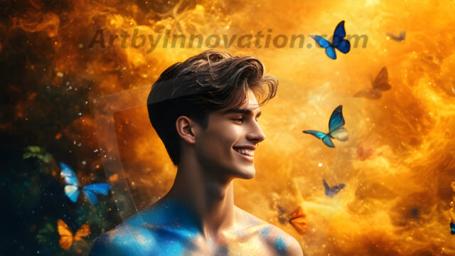 Abstract Male Art Ai Photos of Beautiful Men Enveloped by Colors. AI-generated abstract art featuring beautiful, handsome, sexy, shirtless, men, boys, lads, full of excitement joy and fun, covered in colors, dynamic, interactive, Combining elements of realism with surreal abstract qualities, showcasing the potential of AI in artistic expression.