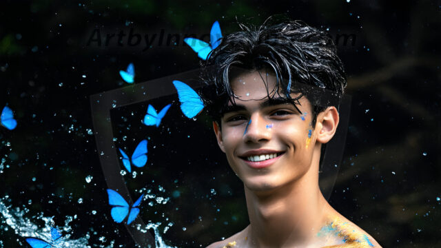 Abstract Male Art Ai Photos of Beautiful Men Enveloped by Colors. AI-generated abstract art featuring beautiful, handsome, sexy, shirtless, men, boys, lads, full of excitement joy and fun, covered in colors, dynamic, interactive, Combining elements of realism with surreal abstract qualities, showcasing the potential of AI in artistic expression.