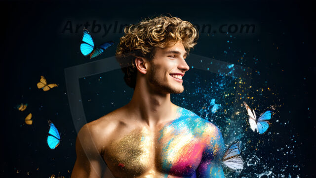 Abstract Male Art Ai Photos of Beautiful Men Enveloped by Colors. AI-generated abstract art featuring beautiful, handsome, sexy, shirtless, men, boys, lads, full of excitement joy and fun, covered in colors, dynamic, interactive, Combining elements of realism with surreal abstract qualities, showcasing the potential of AI in artistic expression.