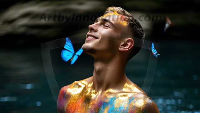 Abstract Male Art Ai Photos of Beautiful Men Enveloped by Colors. AI-generated abstract art featuring beautiful, handsome, sexy, shirtless, men, boys, lads, full of excitement joy and fun, covered in colors, dynamic, interactive, Combining elements of realism with surreal abstract qualities, showcasing the potential of AI in artistic expression.