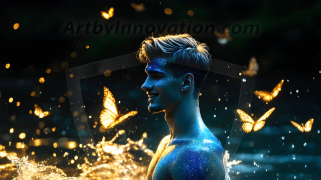 Abstract Male Art Ai Photos of Beautiful Men Enveloped by Colors. AI-generated abstract art featuring beautiful, handsome, sexy, shirtless, men, boys, lads, full of excitement joy and fun, covered in colors, dynamic, interactive, Combining elements of realism with surreal abstract qualities, showcasing the potential of AI in artistic expression.