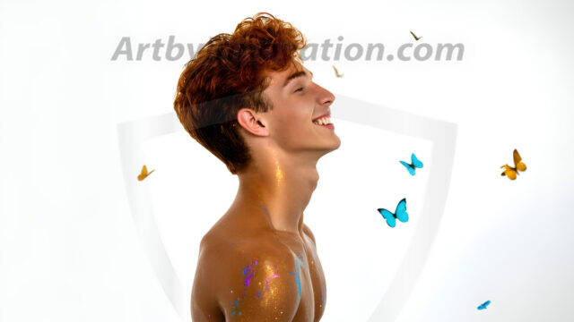 Abstract Male Art Ai Photos of Beautiful Men Enveloped by Colors. AI-generated abstract art featuring beautiful, handsome, sexy, shirtless, men, boys, lads, full of excitement joy and fun, covered in colors, dynamic, interactive, Combining elements of realism with surreal abstract qualities, showcasing the potential of AI in artistic expression.