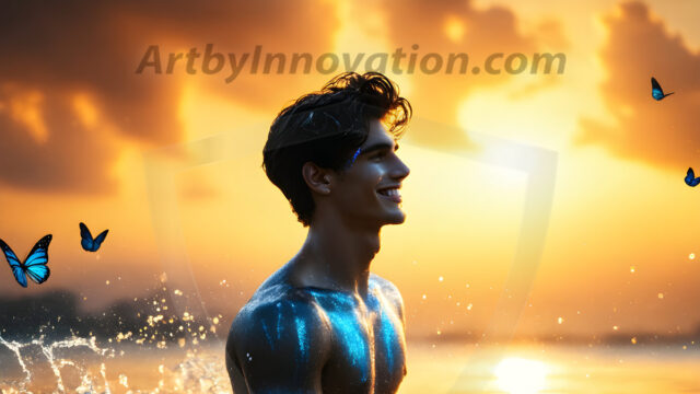 Abstract Male Art Ai Photos of Beautiful Men Enveloped by Colors. AI-generated abstract art featuring beautiful, handsome, sexy, shirtless, men, boys, lads, full of excitement joy and fun, covered in colors, dynamic, interactive, Combining elements of realism with surreal abstract qualities, showcasing the potential of AI in artistic expression.