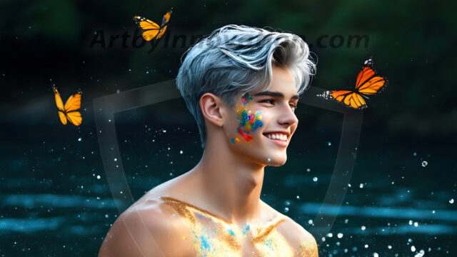 Abstract Male Art Ai Photos of Beautiful Men Enveloped by Colors. AI-generated abstract art featuring beautiful, handsome, sexy, shirtless, men, boys, lads, full of excitement joy and fun, covered in colors, dynamic, interactive, Combining elements of realism with surreal abstract qualities, showcasing the potential of AI in artistic expression.