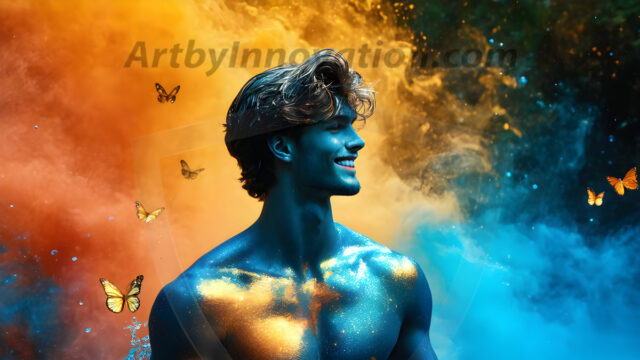 Abstract Male Art Ai Photos of Beautiful Men Enveloped by Colors. AI-generated abstract art featuring beautiful, handsome, sexy, shirtless, men, boys, lads, full of excitement joy and fun, covered in colors, dynamic, interactive, Combining elements of realism with surreal abstract qualities, showcasing the potential of AI in artistic expression.